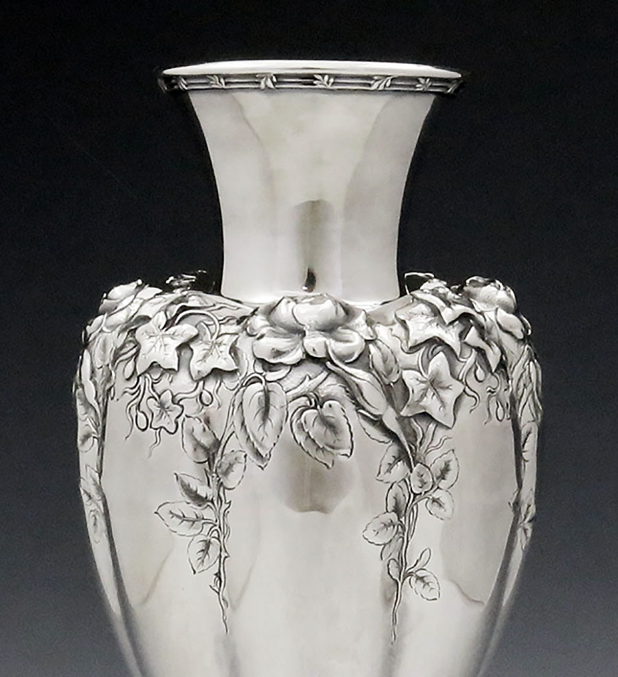 detail of chasing Tiffany art nouveau sterling silver vase